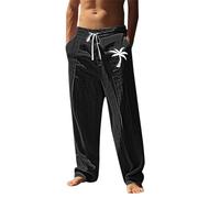 MEIbax - Pantalón de lino para hombre, estampado de hawaii, pantalones de yoga, ligeros e informales, para pantalones casuales, cómodos y transpirables para holgados e informales, El negro #4, S