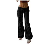 MEIbax - Pantalones de carga para mujer, pantalones de carga con cintura con cordón y desconcertado, pantalones de calidad supermercado, varios bolsillos para acampar, Le Noir, S