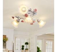 meibeileil Lampara Techo Florales Vintage,Lampara De Techo Dormitorio Con Pantalla De Vidrio Y Rosas De CeráMica Rosa,E27 Plafon Led Techo NóRdica Para Salon Cocina Pasillo,3+1 Heads