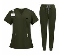 Meichoon CK13 - Conjunto médico de manga corta con cuello en V y 3 bolsillos, pantalones elásticos que absorben la humedad, uniforme médico, Ejercito Verde, S