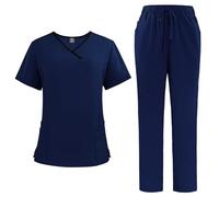 Meichoon Conjunto de uniformes médicos de enfermería para mujer, cuello en V, manga corta y pantalón jogging, suave y absorbente DK51Azul oscuro M