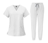 Meichoon Conjunto de uniformes médicos para hombre Top elástico de manga corta con 3 bolsillos Ultra suave y elástico Secado rápido DK05 Blanco XX-Grande
