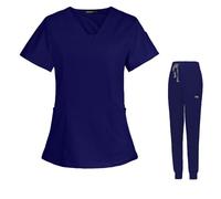 Meichoon Conjunto de uniformes médicos para mujer con top clásico con cuello en 3 bolsillos pantalón de yoga ajustado y delgado para peluquería y estética médica DK08 Azul XX-Grande
