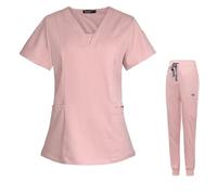 Meichoon Conjunto de uniformes médicos para mujer top clásico con cuello en V y 3 bolsillos pantalón de yoga ajustado y entallado peluquería médica tienda mascotas DK08 rosa XX-GRANDE