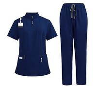 Meichoon Conjunto médico cuello en V, cremallera, 4 bolsillos, pantalón elástico, suave, de secado rápido, uniforme médico DK50Azul oscuro XL