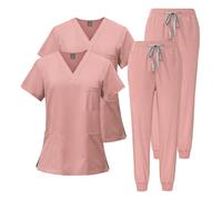 Meichoon Conjunto Médico Mujer 2PCS Batas de Enfermera Cuello en V Camiseta de Manga Corta con 3 Bolsillos Pantalón Slim Fit Secado Rápido DK05Rosa M
