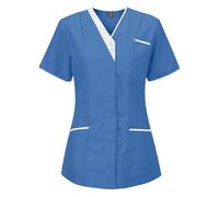 Meichoon Medical Scrubs Top Uniforme de Enfermería para Mujeres Cuello en V Tres Bolsillos Manga Corta Slim Fit Transpirable Absorción de la Humedad