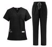 Meichoon Scrubs Set para Mujeres Uniforme Médico con 8 Bolsillos Absorbe la Humedad Secado Rápido Lavable a Máquina DK77Black XL