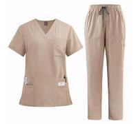 Meichoon Scrubs Set para Mujeres Uniforme Médico Conjunto con Cuello de Pico Manga Corta Pantalones con Pierna Recta 8 Bolsillos Cordón Elástico Absorbe la Humedad DK77, albaricoque, L