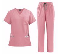 Meichoon Scrubs Set para Mujeres Uniforme Médico Conjunto con Cuello de Pico Manga Corta Pantalones con Pierna Recta 8 Bolsillos Cordón Elástico Absorbe la Humedad DK77, Rosa., S
