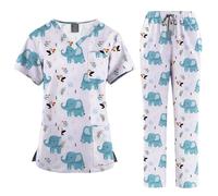 Meichoon Set de Scrubs de Enfermería: Uniforme Médico con Cuello en V Estampado, Top con Dos Bolsillos y Pantalones de Cintura Elástica Ajustables y Suaves