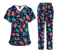 Meichoon Set de Scrubs de Enfermería: Uniforme Médico para Mujeres con Estampado de Dibujos, Cuello en V, Top con Bolsillos y Pantalones Holgados Transpirables