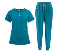 Meichoon - Set de uniformes médicos para mujer, cuello en V, blusa con botones, elastizada, suave, agradable a la piel, secado rápido DK52Lake Blue XL