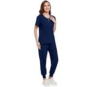Meichoon - Set de uniformes médicos para mujer, cuello en V, blusa con botones, elastizada, suave, agradable a la piel, secado rápido DK52Azul oscuro XL
