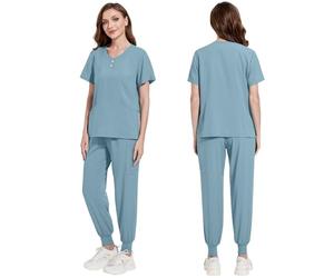 Meichoon - Set de uniformes médicos para mujer, cuello en V, blusa con botones, elastizada, suave, agradable a la piel, secado rápido DK52Light Blue XL