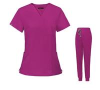 Meichoon Uniforme Médico Set Clásico Cuello en V Manga Corta Top con 3 Bolsillos Stretch Yoga Jogger Pantalones Slim Fit Sweat Wicking Lightweight DK09 Rose XX-Large