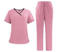 Meichoon uniformes médicos para mujer Classic V-Neck Top with 4 Pockets Stretchy Drawstring Jogging Pants Solid Color Quick Drying DK51Pink L