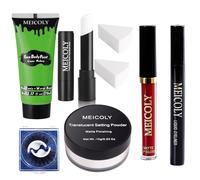 Meicoly - Kit de pintura para cara verde, bruja malvada para Halloween, cosplay, pintura corporal, pintura facial verde limón + palo de pintura facial blanca + delineador de ojos negro +