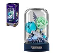 Meiest - Conjunto de ramo de flores de bloque con caja de música y cúpula antipolvo, simulando un juguete de bloque artificial, decoración del hogar (azul)