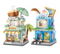 MEIEST Juego de 2 bloques de construcción Mini City Shop Street View, colección de arquitectura de simulación, ladrillos de construcción, decoración del hogar (casa de hielo de coco + centro de arte)