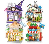 MEIEST Juego de 4 bloques de construcción Mini City Shop Street View, colección de arquitectura de simulación, construcción de partículas, juguete de ladrillos de construcción