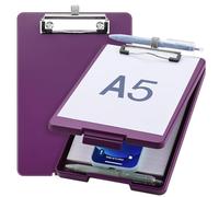 Meiikun Portapapeles pequeño con almacenamiento, portapapeles de tamaño A5 con soporte para bolígrafo, mini portapapeles de plástico con clip de perfil bajo para aula, escuela, suministros de oficina