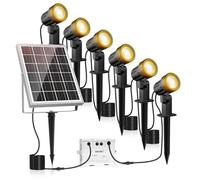 MEIKEE Luces Solares Led Exterior Jardin 6 en 1 Focos LED Exterior Solares Jardín, Blanco cálido 3000K, 3 Modos, 3 Nivels de Brillo, IP66, Iluminación al Aire Libre para Árboles, Patio, Caminos