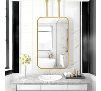MEILISHAOMEI Espejo Flotante Dorado para Colgar en el Techo, con Marco Rectangular Redondeado y Varilla de Metal, Ideal para Maquillaje y Afeitado, para tocador y Pared (50 x 60 cm)