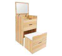 meiliwmlo Tocador de 3 cajones con taburete de maquillaje, espejo plegable, pequeño para el dormitorio, resistente y duradero, ahorra espacio, fácil de limpiar, adecuado (color madera)
