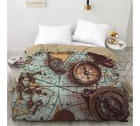 Meimall Juego De Ropa De Cama Vintage Mapa Metal Reloj De Bolsillo 280X240 Cm Reversible, 100% Microfibra Suave Y Agradable, 1 Funda Nórdica Y Funda De Almohada De 50X75Cm con Cremallera
