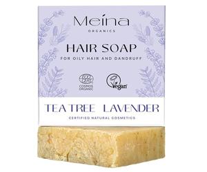 Meina Jabón orgánico para el cabello graso contra la caspa con árbol de té, vegano, 100% natural, cosmética natural certificada, hecho a mano, sin plástico, sin aceite de palma, como un champú sólido,