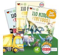 MeinBaby123® 330 tatuajes infantiles respetuosos con la piel para niños, juego de 3 tatuajes para la piel, excavadoras, dinosaurios, vehículos de construcción y piratas, veganos y fabricados en