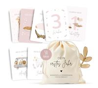 MeinBaby123® Tarjetas de hito "Tu primer año" | Juego de tarjetas de hito para regalo de nacimiento, tarjetas fotográficas para el primer año, 50 tarjetas, incluye bolsa de algodón (rosa)