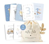 MeinBaby123® Tarjetas de hito "Tu primer año", juego de tarjetas de hito para regalo de nacimiento, tarjetas fotográficas para el primer año, 50 tarjetas, incluye bolsa de algodón (azul)