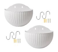 Meindin Macetero de pared para plantas al aire libre, 2 macetas de imitación de ratán para colgar en la pared, maceta colgante de semicírculo para exteriores con agujero de drenaje y ganchos, soporte