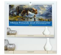 Meine Freunde sind Dinosaurier (hochwertiger Premium Wandkalender 2026 DIN A2 quer), Kunstdruck in Hochglanz: Eine Welt, in der Mensch und Saurier zusammenleben