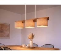 meineWunschleuchte Lámpara de techo colgante con vigas de madera, 3 focos, con pantallas de tela, color beige, ancho de 100 cm