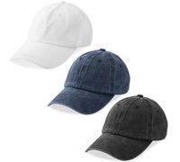 MEINICY Paquete de 3 gorras de béisbol lisas lavadas, retro, ajustables, para papá, regalo para hombres/mujeres, sin estructura/algodón, Negro + azul marino + blanco, talla única