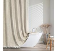 Meioro Boho Granja Cortina Ducha a Rayas, Tela Tejida de Lino Cortinas De Ducha con 12 Ganchos, Cortinas de Ducha de Tela Gruesa Bohemia Rústica para Cuarto de Baño Húmedo (Beige,183 * 183cm)