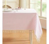 Meioro Mantel a Rayas Tablecloth Rectangular con Borlas, Manteles de Mesa Lino Lavable Mantelería Decorativa para Cocina, Comedor y Sobremesa Interior y Exterior (Rosa/Weiße Streifen, 120x160cm)