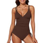 Meioro Traje de baño Vientre de Las señoras V Neck Push Up One Piece Swimwear, Gathering Adelgazamiento Traje de Baño para Las Mujeres, Cintura Alta con cordón de la Vendimia para Las Mujeres