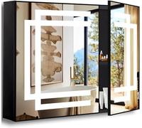 MEIOUKA Espejo negro de 24 x 32 pulgadas con luces para baño, botiquín iluminado con luz de espejo, memoria de 3 colores, regulable, antivaho, 32 negros, 2 puertas, espejos inteligentes LED