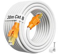 MEIPEK Cable Ethernet 30 Metros, Cat 8 Cable de Red 40Gbps 2000MHz 30m Exterior 26AWG S/FTP POE LAN Internet Alta Velocidad Gigabit RJ45 Largo Blanco