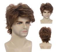 MEIRIYFA Pelucas de color marrón para hombre, con capas cortas, rizadas, onduladas, para hombre, peluca completa sintética para uso diario, cosplay, Halloween, 12 pulgadas