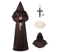 MEIRRAI Disfraz de Monje Sacerdote, Tunica Medieval Hombre Traje con Capucha, con Collar de Cruz y Cinturón, Santo de Cosplay Adulto Fiestas Carnaval (Marrón, XL)