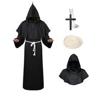 MEIRRAI Disfraz de Monje Sacerdote, Tunica Medieval Hombre Traje con Capucha, con Collar de Cruz y Cinturón, Santo de Cosplay Adulto Fiestas Carnaval (Negro, XL)