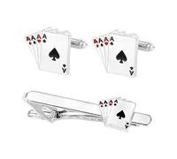 MEISH Juego de 3 gemelos y clips de corbata de póquer con diseño de cuatro ases de aleación de aleación elegantes gemelos exquisitos para camisa de negocios, esmoquin chapado en plata, accesorios