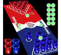 meishuneu 71 * 23 pulgadas Glow Beer Pong Juego de manteles de mesa, juego de pong portátil luminoso para juegos de fiesta, 32 tazas de fiesta brillantes (rojo y azul), 12 pong brillantes que brillan