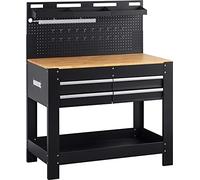 Meister Banco de Trabajo 1400 x 1140 x 610 mm - Capacidad de Carga de 200 kg - Cuatro cajones, Pared Trasera con Agujeros y Tres Compartimentos - con luz LED y regleta integrada - De Acero/Mesa de