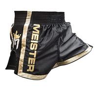 Meister ELITE Pantalones Cortos de Muay Thai - Cintura Totalmente Elástica con Malla - Negro/Dorado - Mediano (32-33)